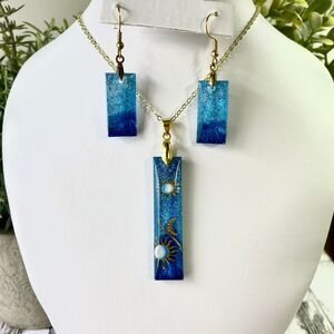 Celestial Blue Resin Pendant Necklace Earrings Set Sun Moon Star Handmade
